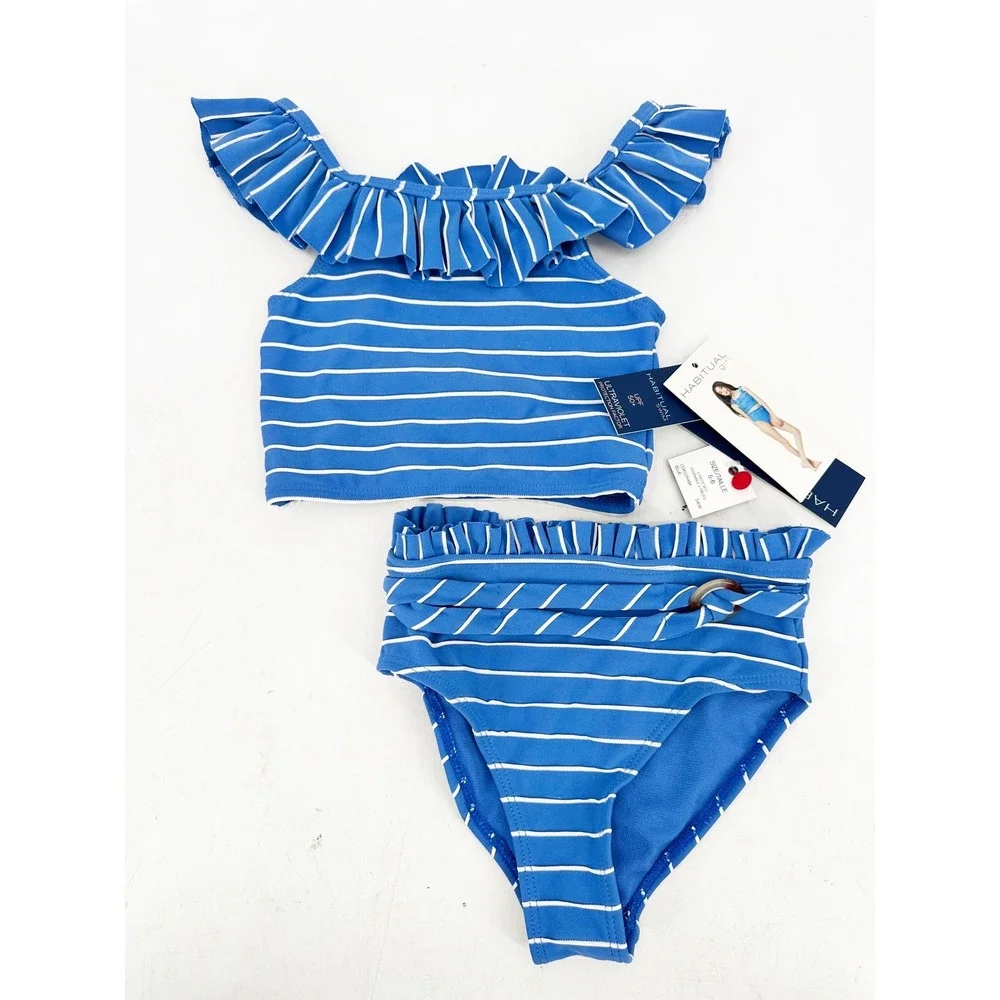 Habitual Girl Bikini Swimsuit 5/6 Blue Striped Ruffle UPF 50 Beachwear Summer